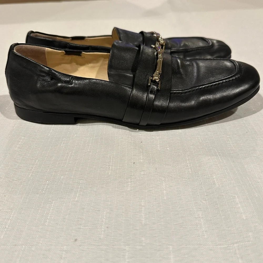 Vince Camuto Renesha Black Leather Slip-On Loafers with Gold Accents size 6.5